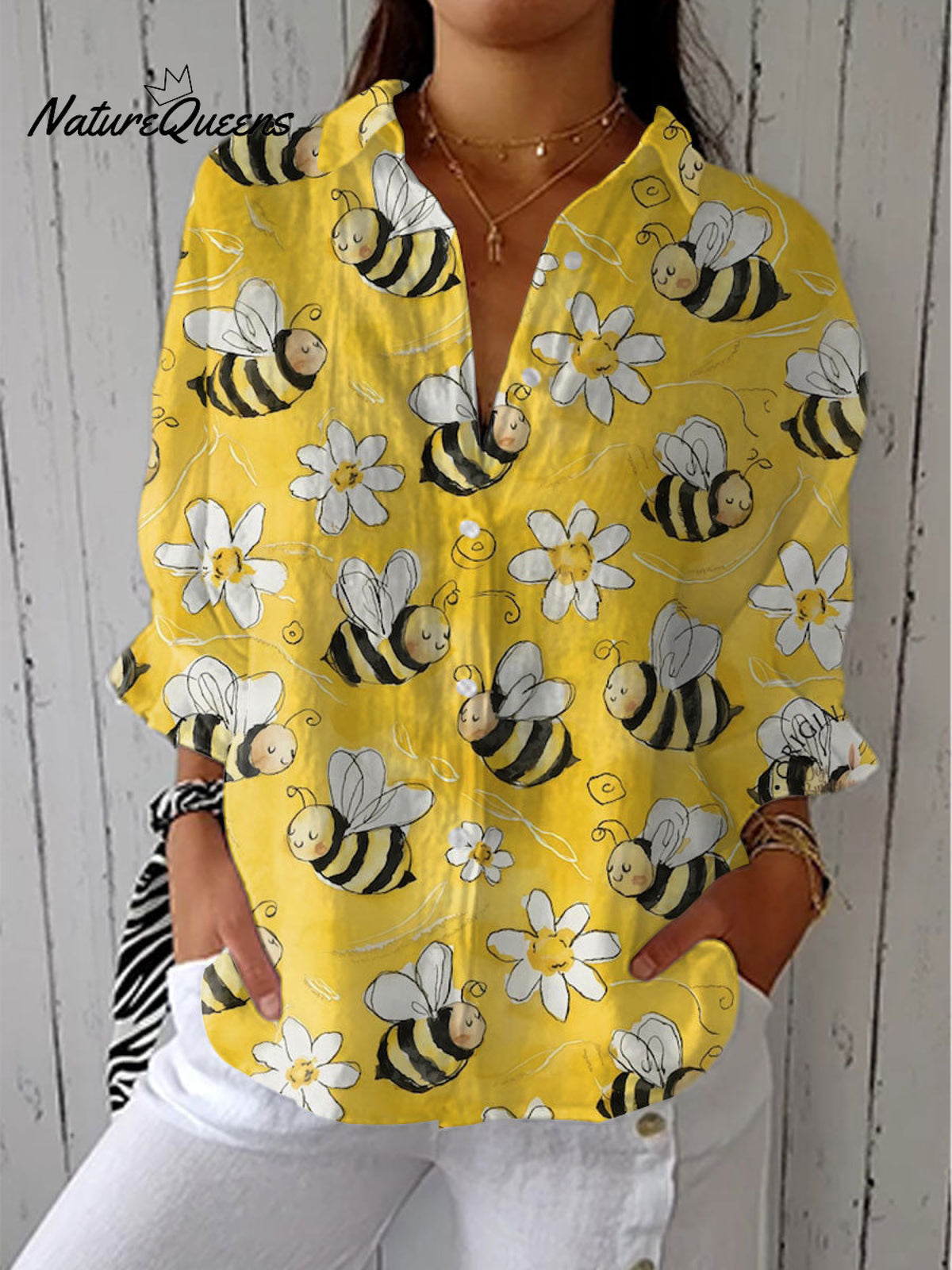 Women'sVintage Bee Flower Art Print Casual Linen V-neck Shirt