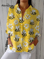 Women'sVintage Bee Flower Art Print Casual Linen V-neck Shirt