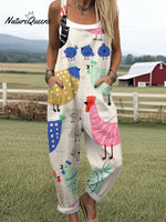 Women'sVintageFunny Chicken Art Print Casual 100% Cotton Wide Leg Jumpsuit