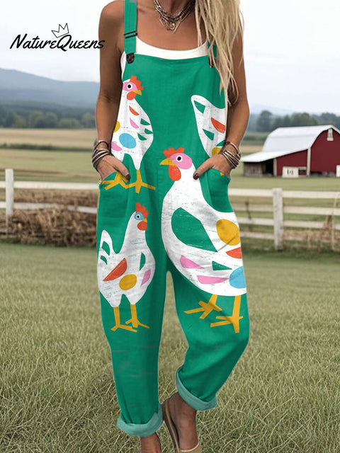 Women's  Funny Chick Art Print Casual 100% Cotton Wide Leg Jumpsuit