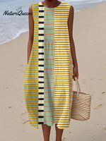 Women's Vintage Abstract Geometric Art Print Sleeveless Cotton Pocket Wrap Dress