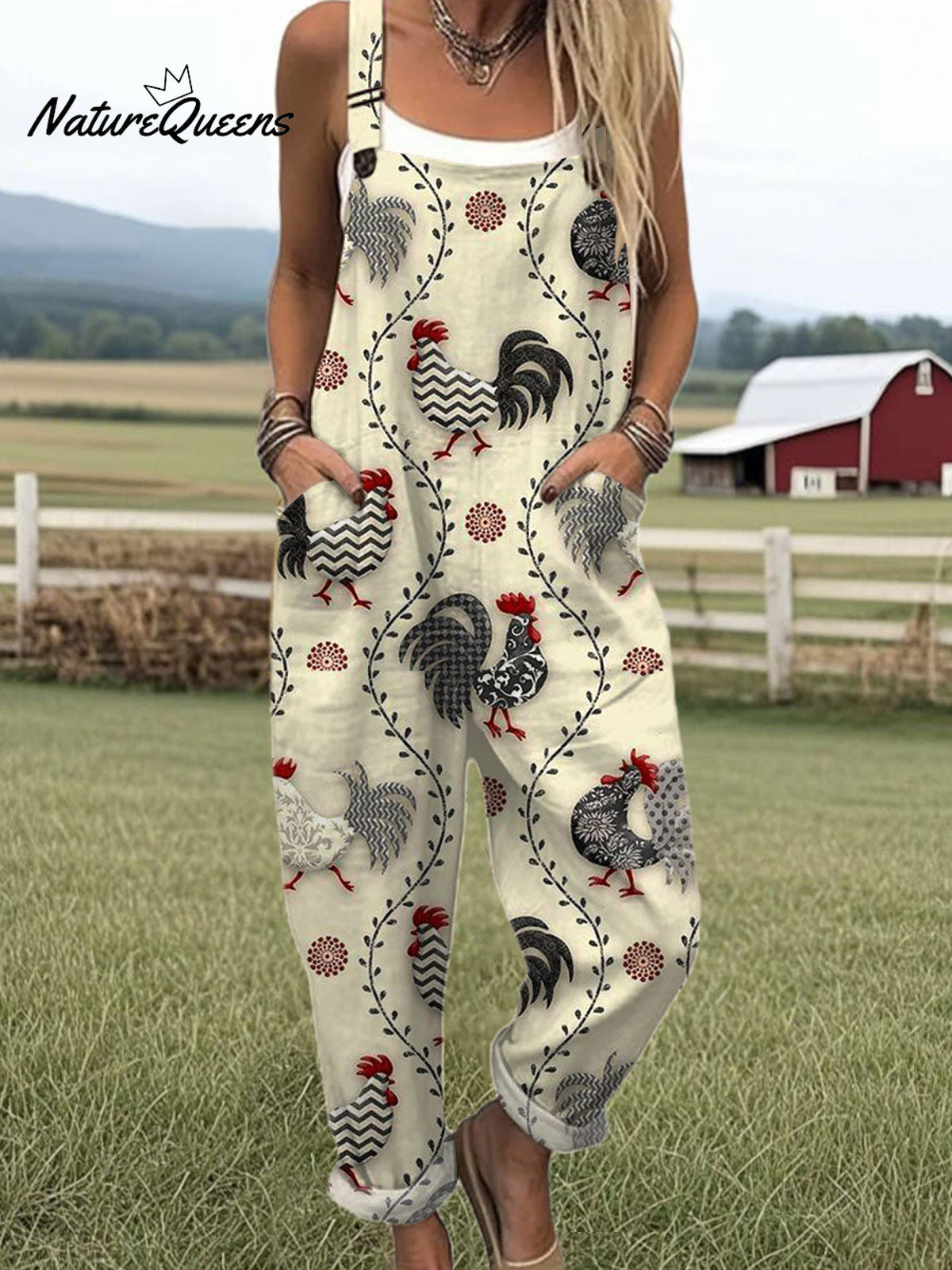 Women'sFunny Rooster Art Print Casual 100% Cotton Wide Leg Jumpsuit