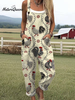 Women'sFunny Rooster Art Print Casual 100% Cotton Wide Leg Jumpsuit
