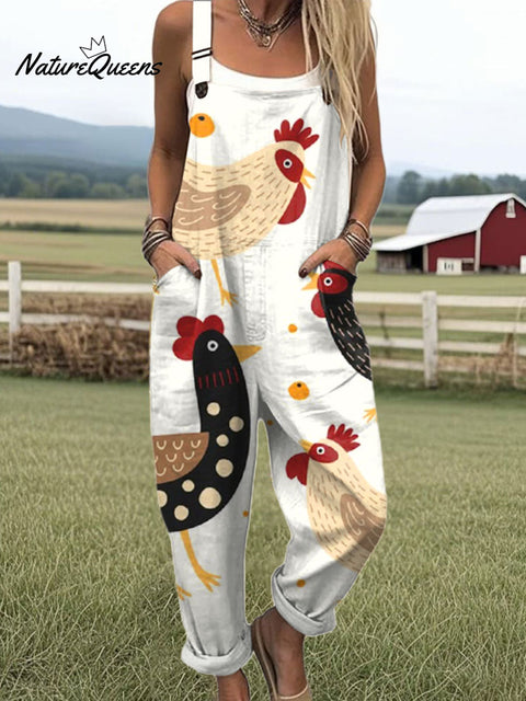 Women's  Funny Chick Art Print Casual 100% Cotton Wide Leg Jumpsuit