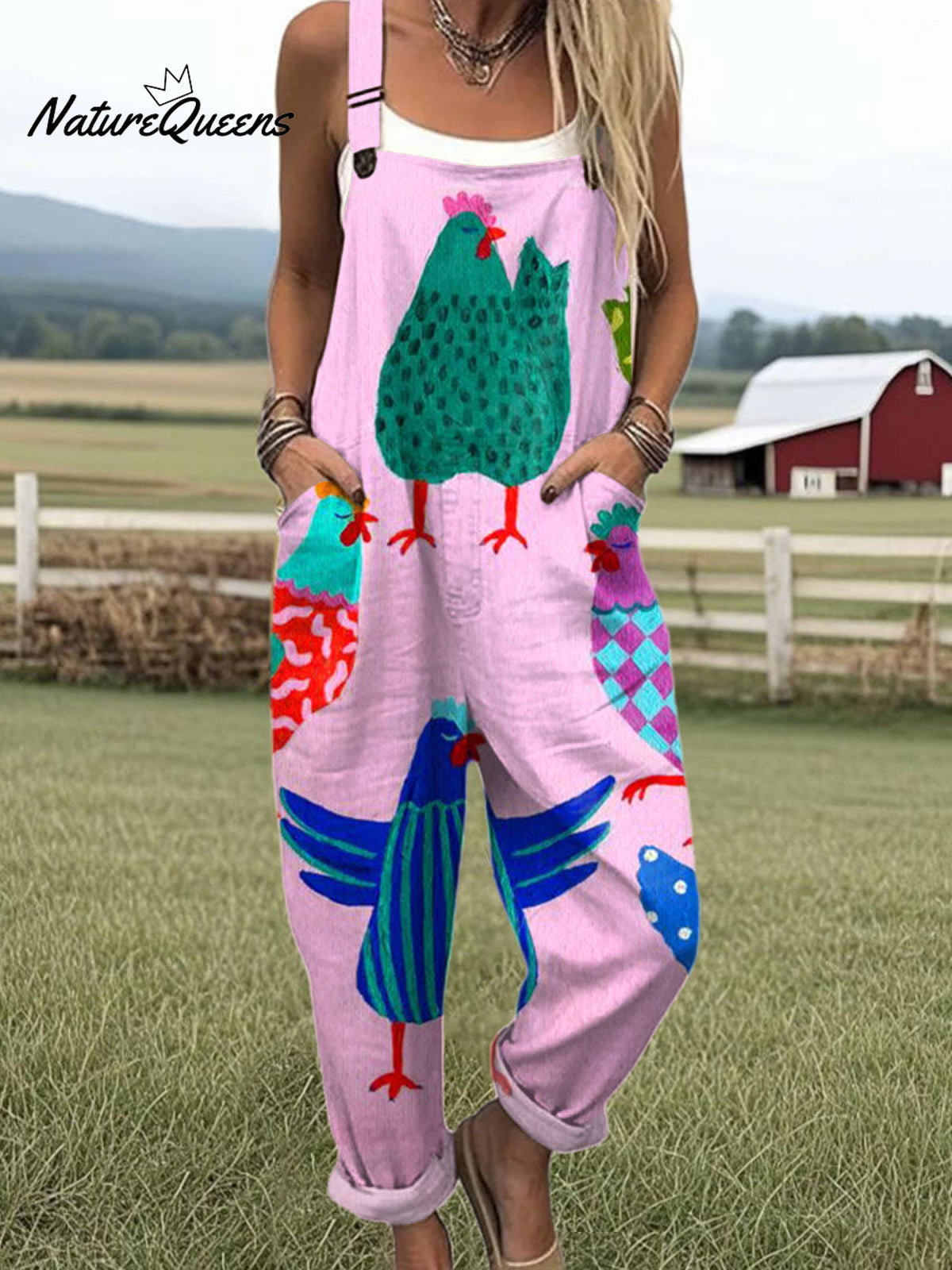 Women'sFunny Chick Art Print Casual 100% Cotton Wide Leg Jumpsuit