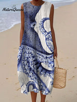 Women's Vintage Octopus Art Print Sleeveless Cotton Pocket Wrap Dress