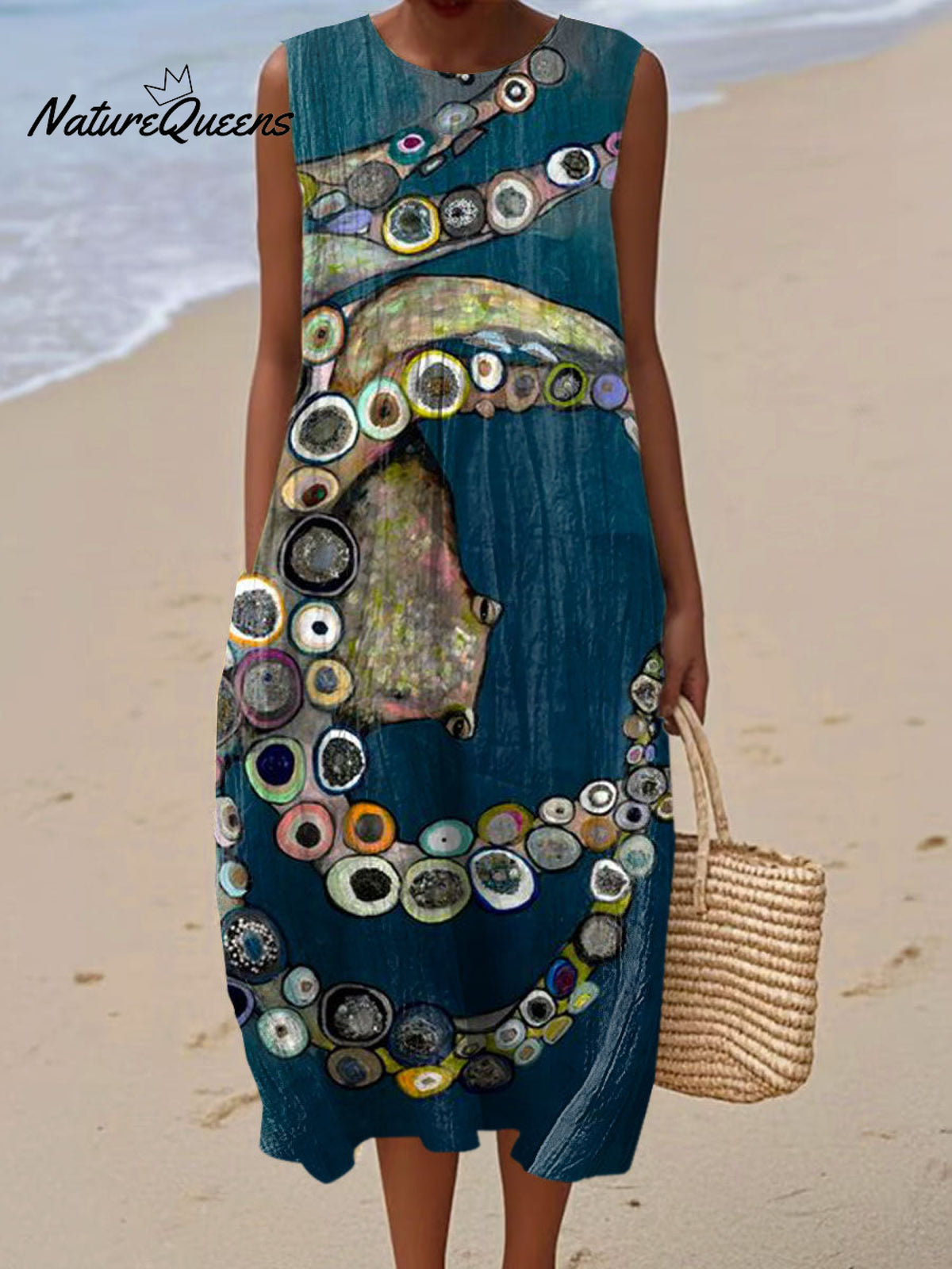 Women's Vintage Octopus Art Print Sleeveless Cotton Pocket Wrap Dress