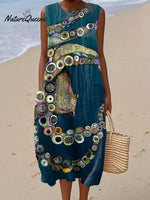 Women's Vintage Octopus Art Print Sleeveless Cotton Pocket Wrap Dress