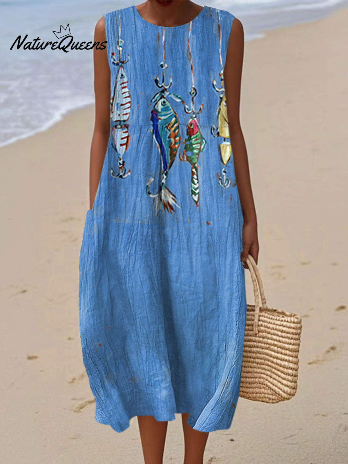 Women's Fish Vintage Art Print Sleeveless Cotton Pocket Wrap Dress