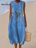 Women's Fish Vintage Art Print Sleeveless Cotton Pocket Wrap Dress