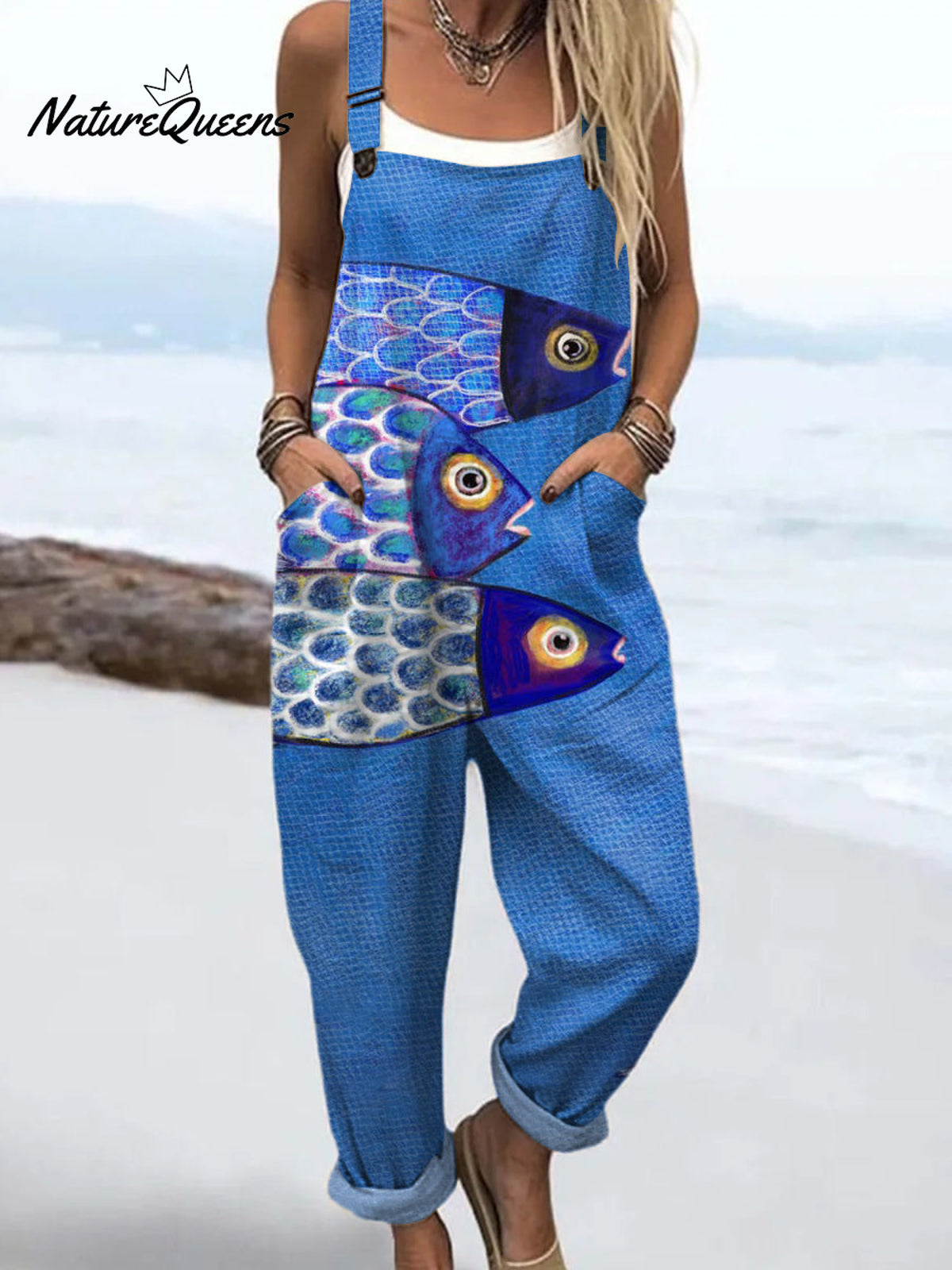 Women'sVintage Fish Art Print Casual 100% Cotton Wide Leg Jumpsuit