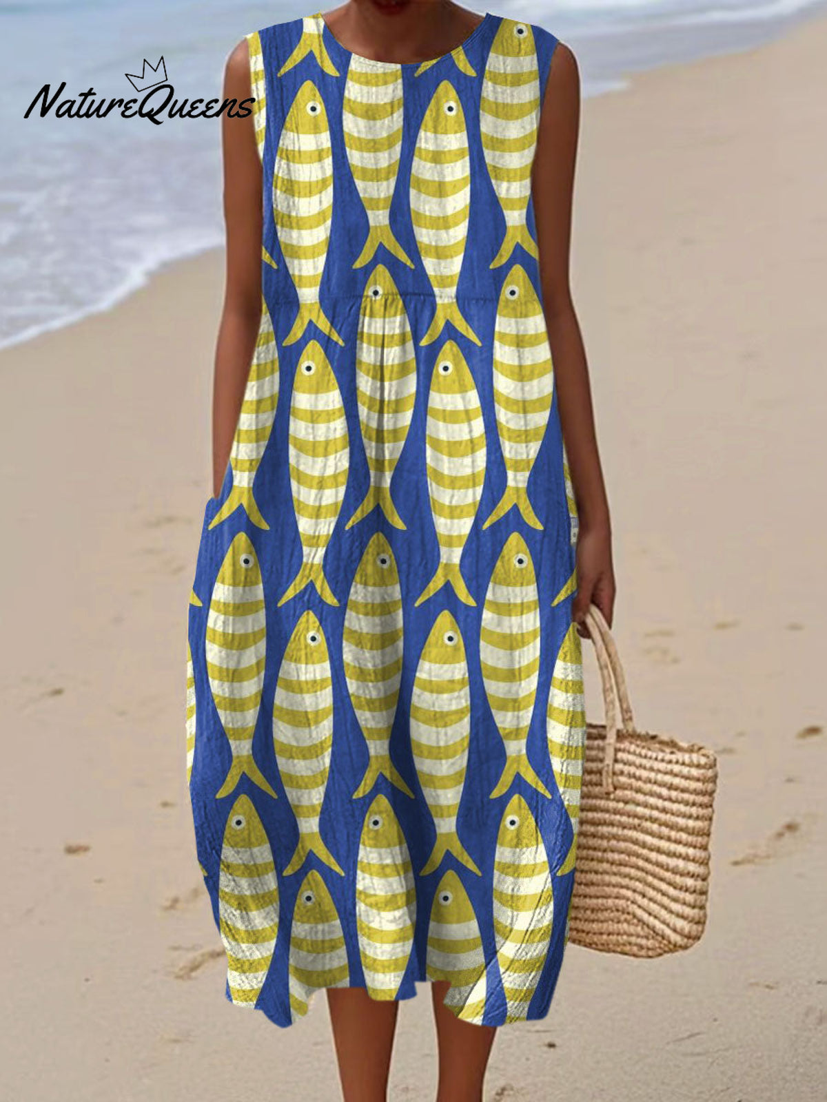 Women's Vintage FishArt Print Sleeveless Cotton Pocket Wrap Dress