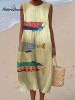 Women's Vintage FishArt Print Sleeveless Cotton Pocket Wrap Dress