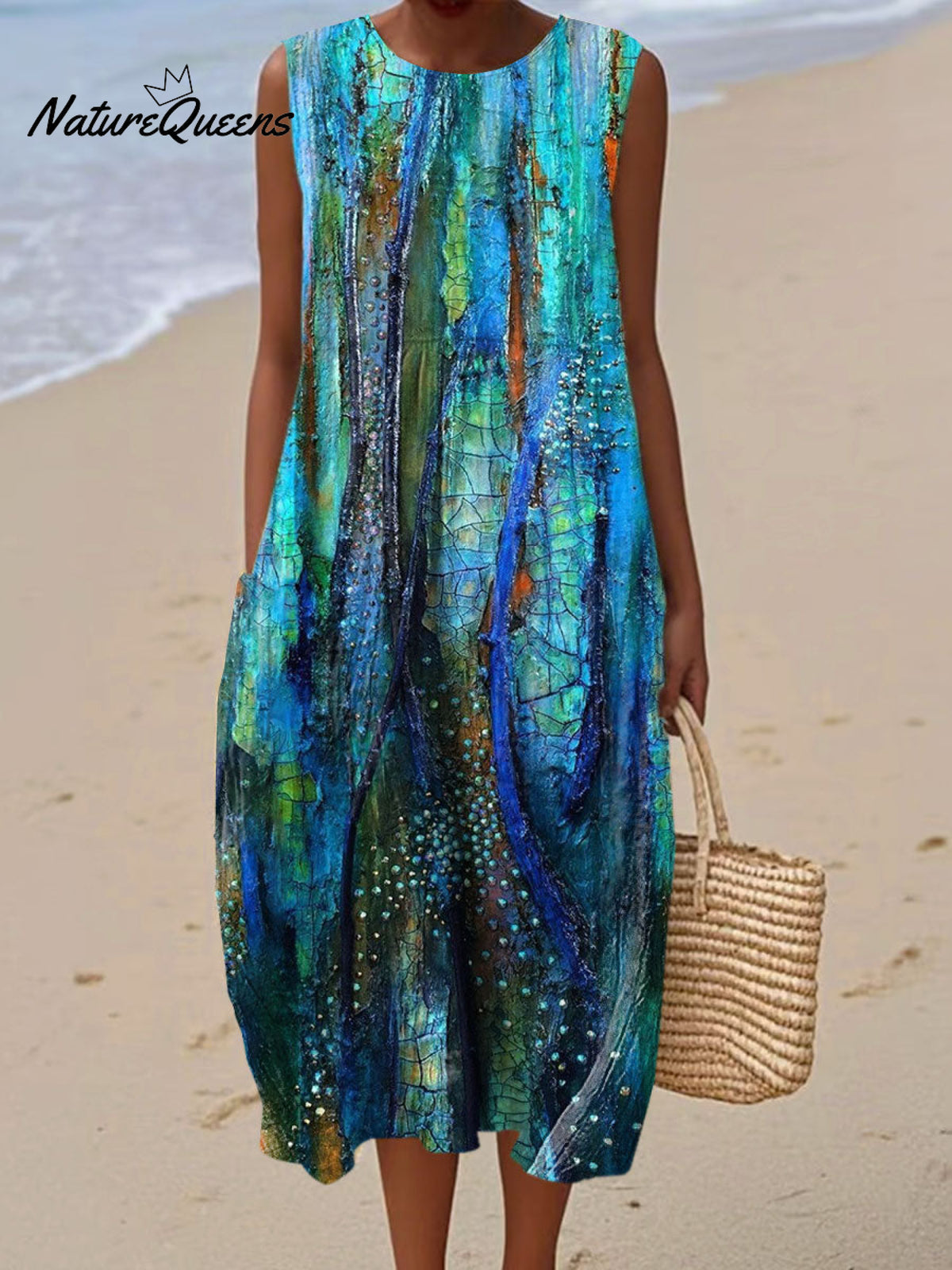 Women'sOcean VintageArt Print Sleeveless Cotton Pocket Wrap Dress