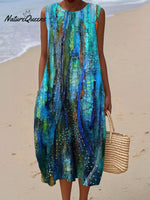 Women'sOcean VintageArt Print Sleeveless Cotton Pocket Wrap Dress