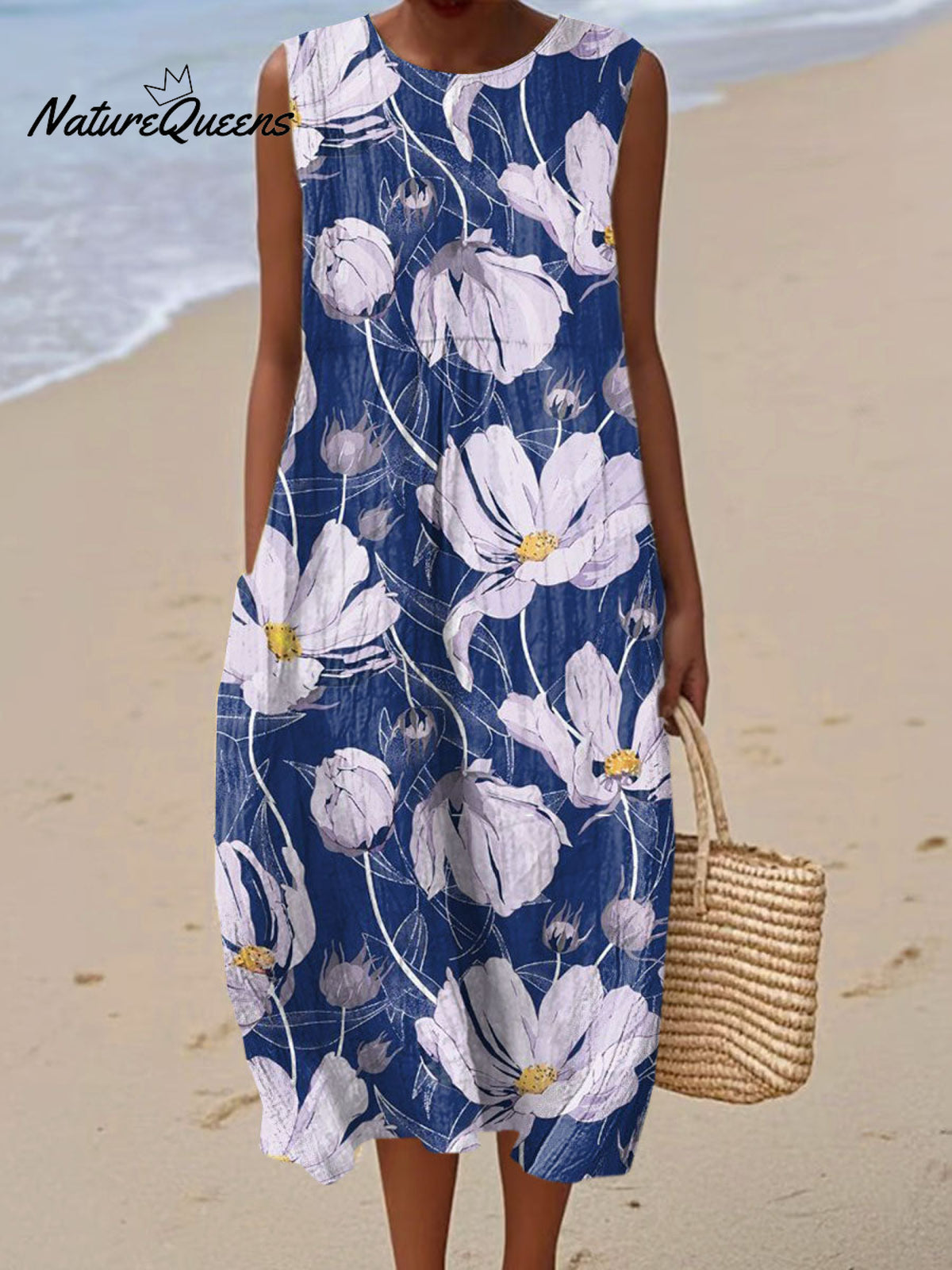 Women's Vintage Flower Art Print Sleeveless Cotton Pocket Wrap Dress