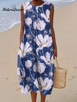 Women's Vintage Flower Art Print Sleeveless Cotton Pocket Wrap Dress