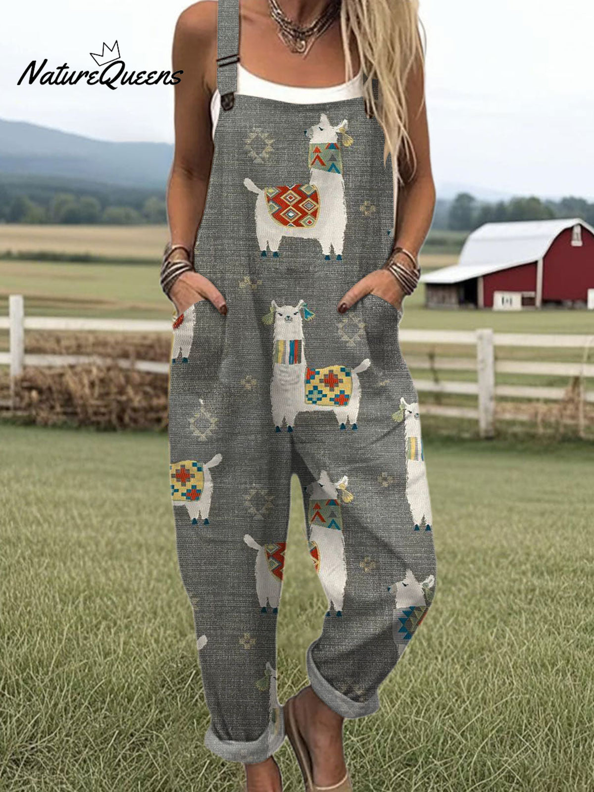 Women's Funny Sheep Art Print Casual 100% Cotton Wide Leg Jumpsuit