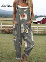 Women's Funny Sheep Art Print Casual 100% Cotton Wide Leg Jumpsuit