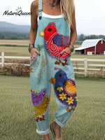 Women's Funny Chick Art Print Casual 100% Cotton Wide Leg Jumpsuit