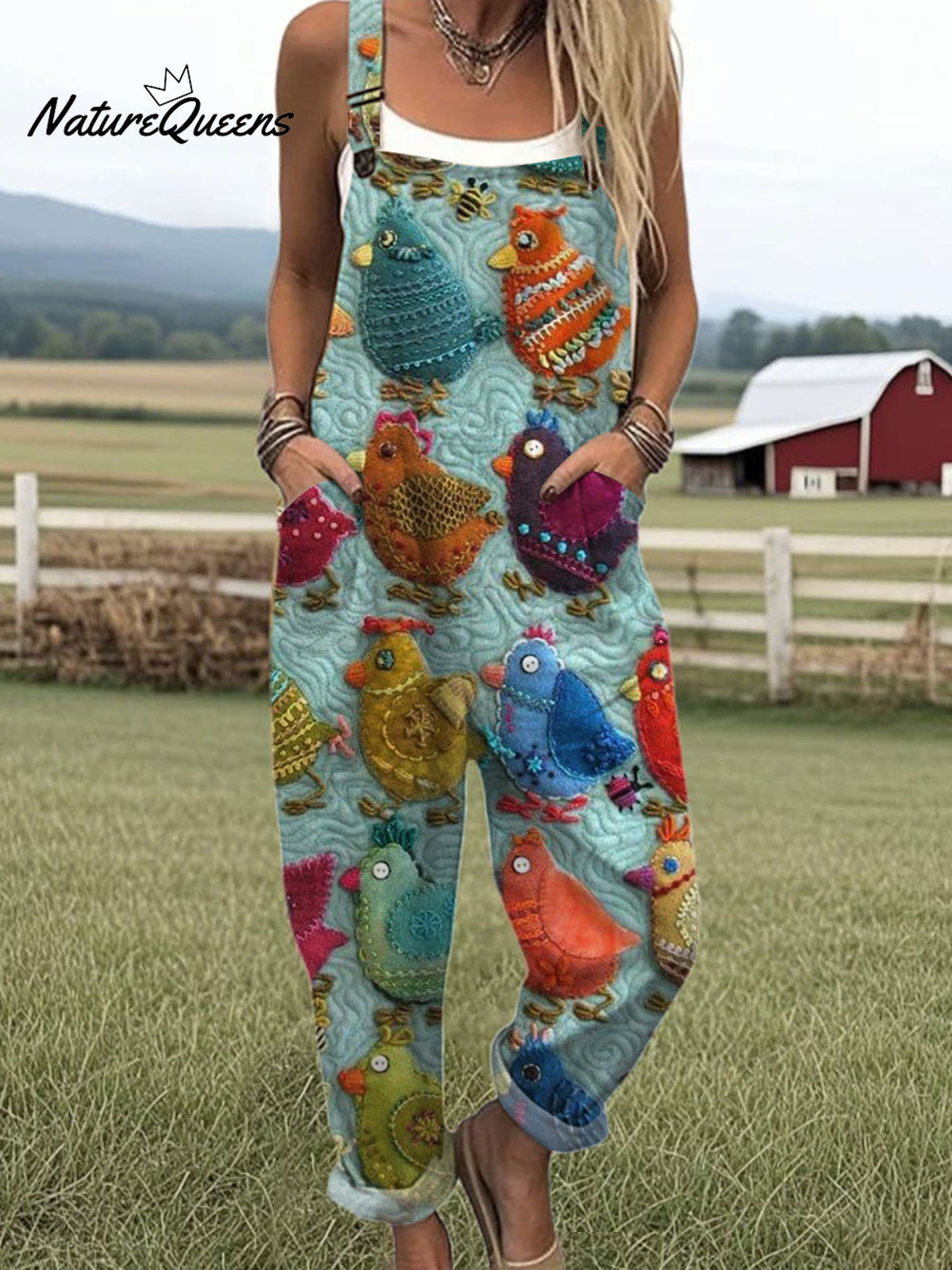 Women's Funny Chick Art Print Casual 100% Cotton Wide Leg Jumpsuit