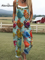 Women's Funny Chick Art Print Casual 100% Cotton Wide Leg Jumpsuit