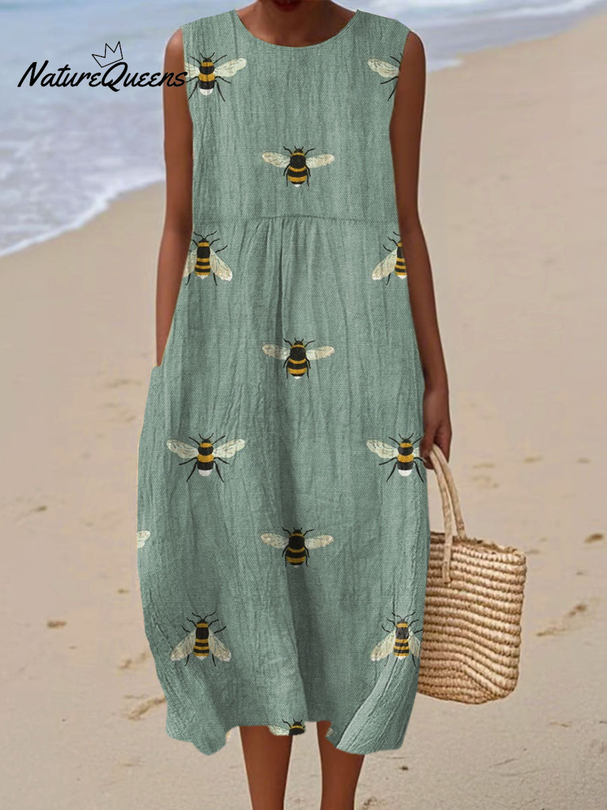 Women's Funny Bee Vintage Art Print Sleeveless Cotton Pocket Wrap Dress