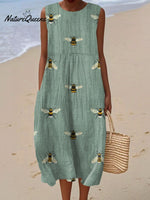 Women's Funny Bee Vintage Art Print Sleeveless Cotton Pocket Wrap Dress