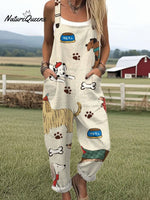 Women'sFunny Dog Art Print Casual 100% Cotton Wide Leg Jumpsuit