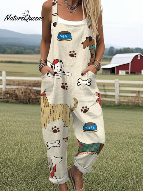 Women's  Funny Dog Art Print Casual 100% Cotton Wide Leg Jumpsuit