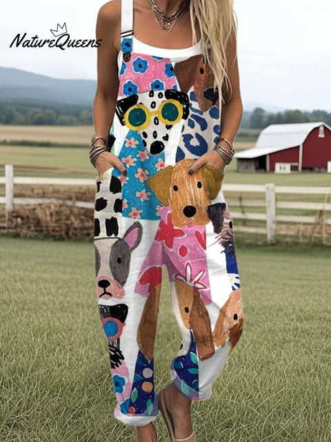 Women's  Funny Dog Art Print Casual 100% Cotton Wide Leg Jumpsuit