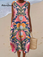 Women's Vintage Symmetry Flower Art Print Sleeveless Cotton Pocket Wrap Dress