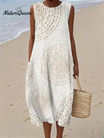 Women's Vintage Abstract Geometric Art PrintSleeveless Cotton Pocket Wrap Dress