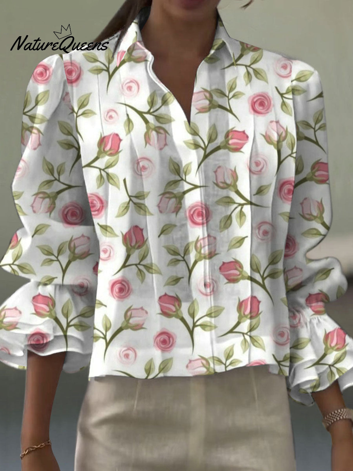 Women'sVintage Flower Art Print Casual Short Sleeve Cotton And Linen Shirt