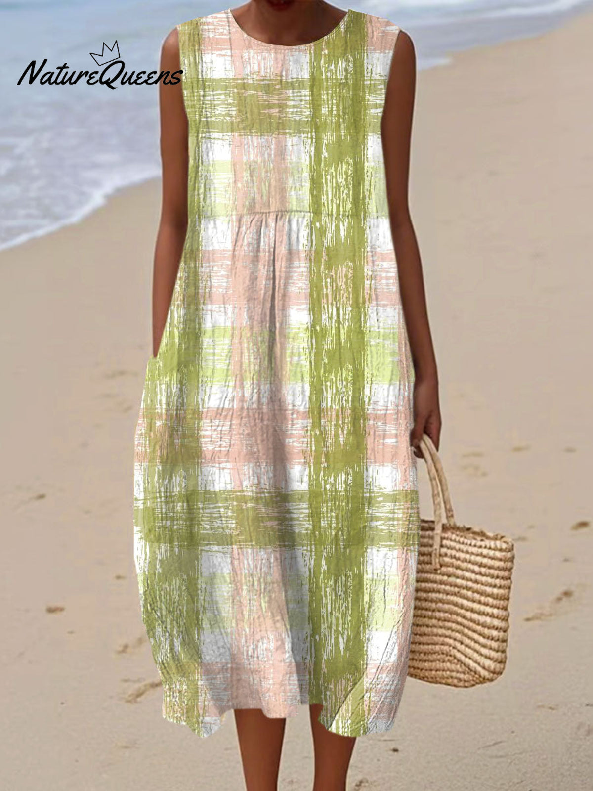 Women's Vintage Abstract Plaid Art Print Sleeveless Cotton Pocket Wrap Dress