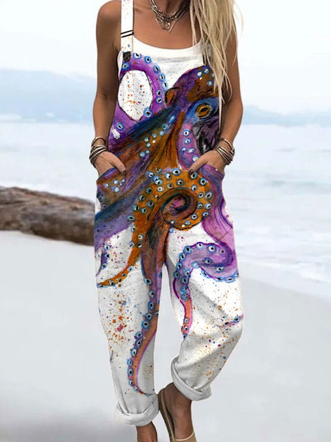 Women's  Retro Colored Octopus Art Print Casual 100% Cotton Wide Leg Jumpsuit