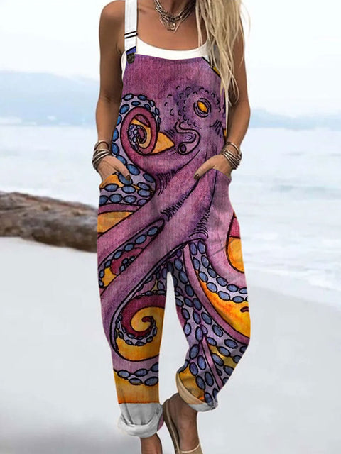 Women's  Retro Colored Octopus Art Print Casual 100% Cotton Wide Leg Jumpsuit