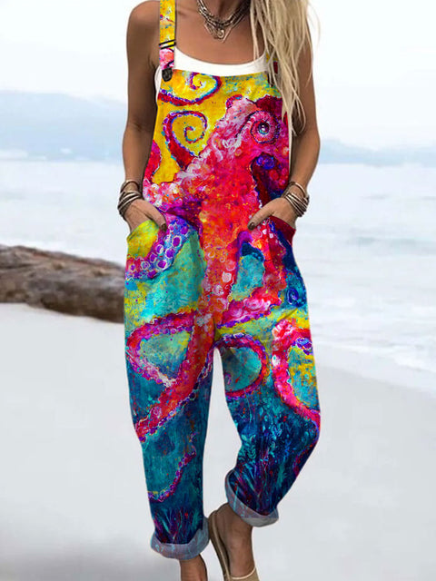 Women's  Retro Colored Octopus Art Print Casual 100% Cotton Wide Leg Jumpsuit