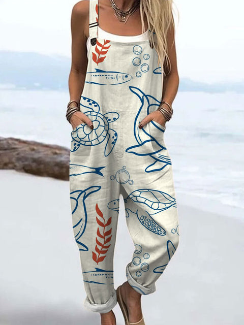 Women's  Retro Funny Fish Turtle Art Print Casual 100% Cotton Wide Leg Jumpsuit
