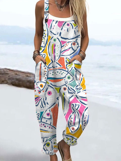 Women's  Retro Funny Fish Art Print Casual 100% Cotton Wide Leg Jumpsuit