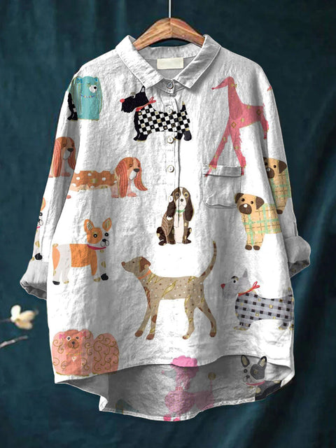 Women's  Funny Dog Art Print Casual Cotton And Linen Shirt