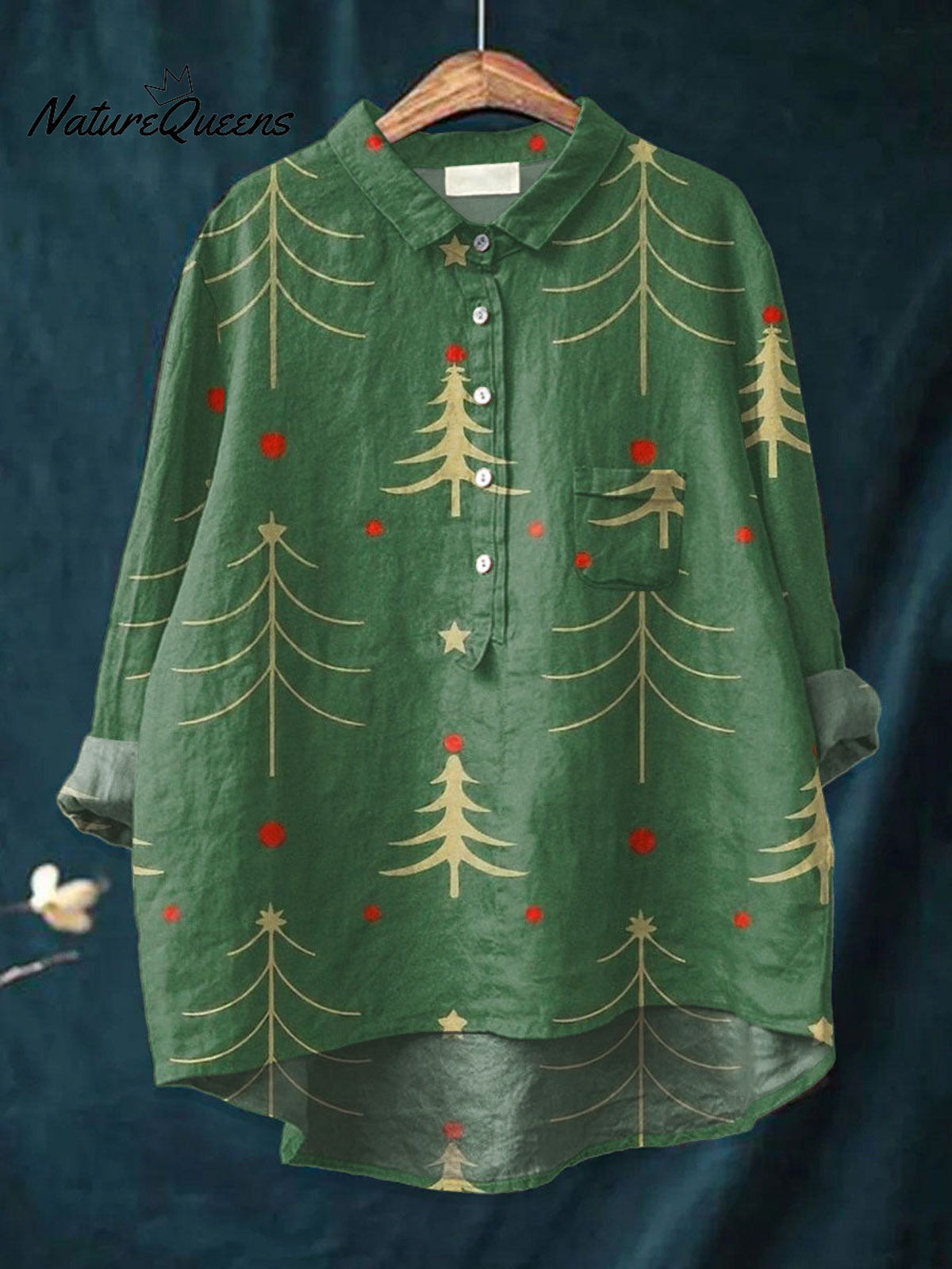 Women'sVintageChristmas TreeArt Print Casual Cotton And Linen Shirt