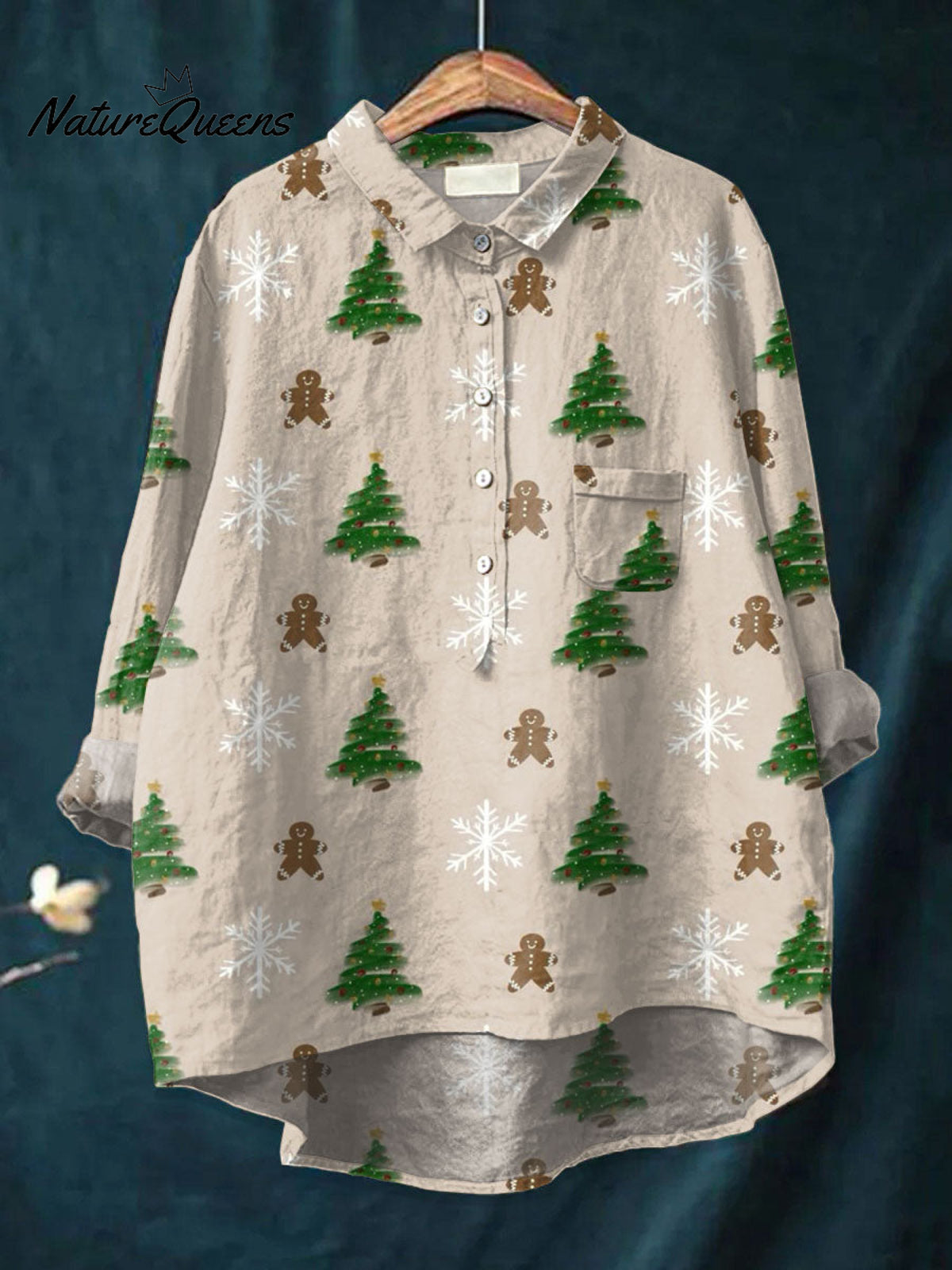 Women'sVintageChristmas TreeArt Print Casual Cotton And Linen Shirt
