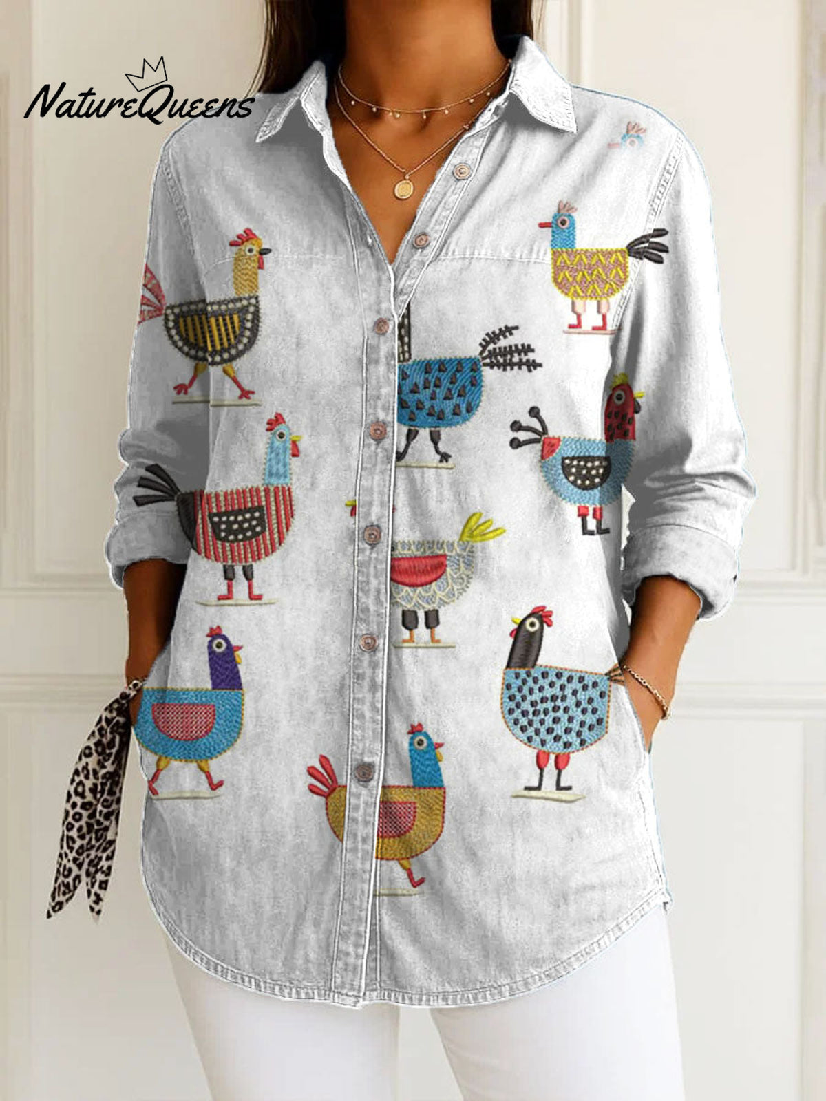 Women'sFunny ChickenArt Print Casual Cotton Shirt