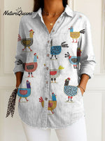 Women'sFunny ChickenArt Print Casual Cotton Shirt