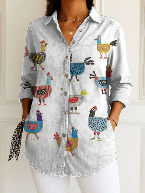 Women's  Funny Chicken  Art Print Casual Cotton Shirt