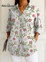 Women'sVintageFlowerArt Print Casual Cotton Shirt