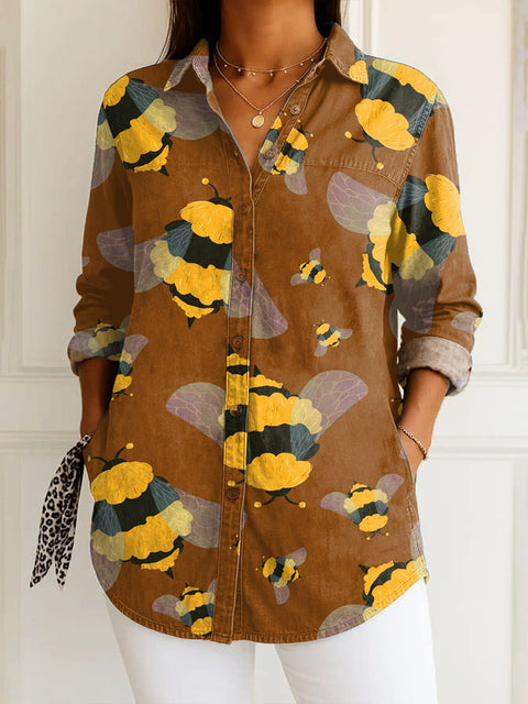 Women's  Funny Bee Art Print Casual Cotton Shirt