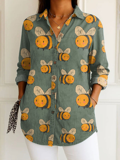 Women's  Funny Bee Art Print Casual Cotton Shirt