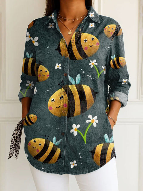 Women's  Funny Bee Art Print Casual Cotton Shirt